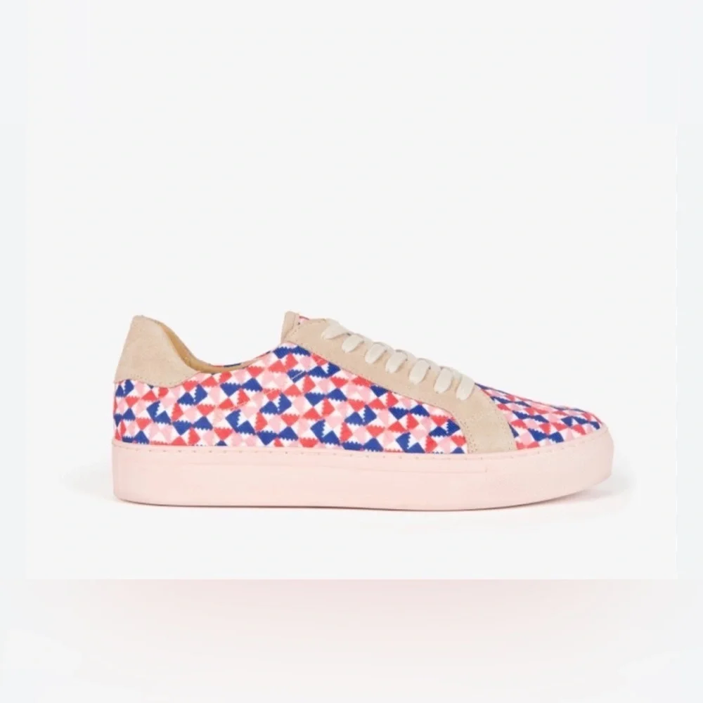 Penelope Chilvers Sneakers pink, blue, and white geometric pattern